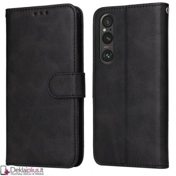 Dirbtinės odos atverčiamas dėklas su skyreliais - juodas (Sony Xperia 1 V)